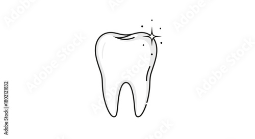 Simple, clean line drawing healthy tooth sparkling with few stars, isolated on, representing dental hygiene and oral care