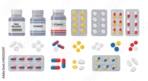 Collection various pharmaceutical products including pill bottles, blister packs capsules and tablets, loose pills, and capsules, presented in clean, organized arrangement
