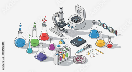 Collection scientific laboratory equipment including beakers, test tubes, microscope, centrifuge, and dna helix, representing research and development in science