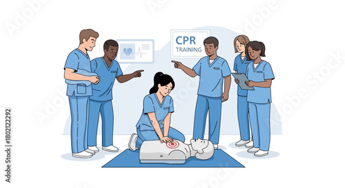 Group medical students practicing cpr on dummy during training session, with instructors observing and guiding the procedure