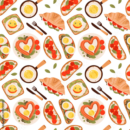 Seamless Breakfast Pattern with Eggs, Toast and Croissants. Flat vector seamless pattern featuring sunny side eggs, avocado toast, croissants, tomatoes, and herbs arranged on a white background.
