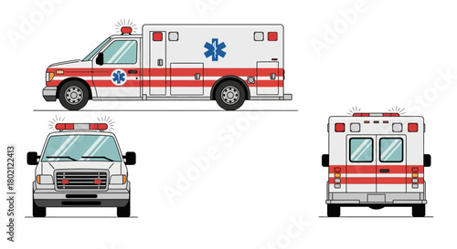Ambulance vehicle from three different views side, front, and back, isolated on