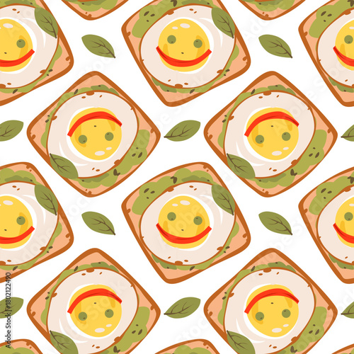 Seamless Pattern of Smiling Egg on Avocado Toast. Cute flat vector seamless pattern featuring avocado toast topped with a egg arranged on a white background with scattered leaves.