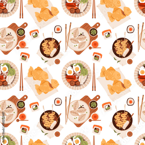 Seamless Pattern of Asian Street Food and Dishes. Flat vector seamless pattern featuring popular Asian foods like ramen, sushi, dumplings, fish cakes, and skewers with sauces and chopsticks.