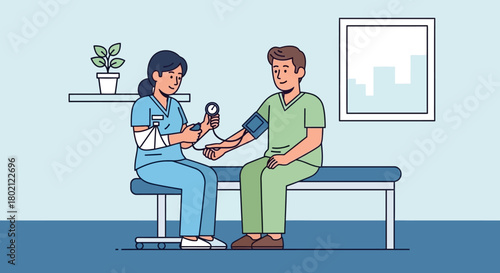 Nurse with bandaged arm measures the blood pressure male patient sitting on bench in medical examination room