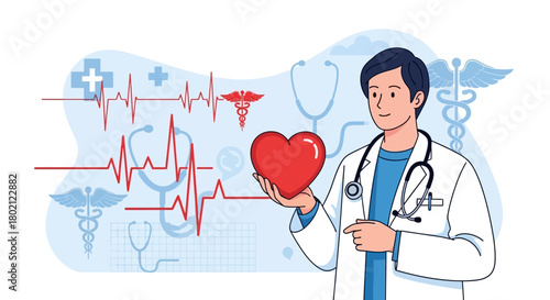Doctor holding red heart with medical symbols and ekg line in the, cardiology concept