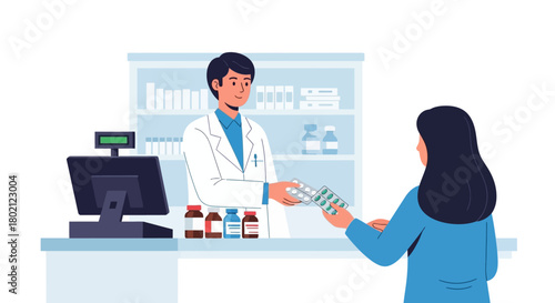 Male pharmacist in coat hands medication to female customer at pharmacy counter, with shelves medicines in the