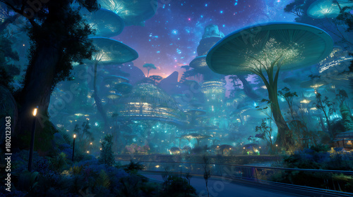Futuristic town illuminated with vibrant blue and green tones mushroom shaped trees and a lake in front
