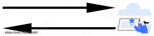 Two arrows indicate data exchange, with a professional interacting with a tablet. Ideal for technology, cloud computing, data transfer, internet communication, software, digital workflow, simple flat