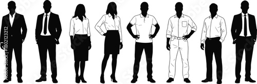 Flat vector professional silhouettes, diverse occupations illustration, workplace attire graphic, career roles concept, standing pose, job diversity, uniform design