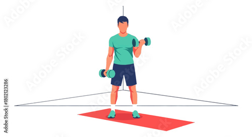 Man performing dumbbell curls for biceps exercise on red mat, demonstrating strength training and fitness, isolated on