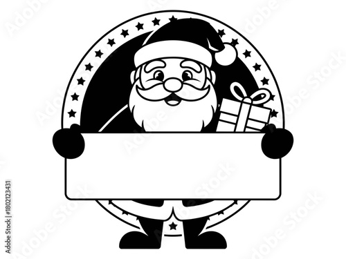 Santa Claus character holds a gift and blank sign for text in a circular frame with stars