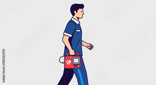 Man in medical attire walking while carrying portable automated external defibrillator aed device
