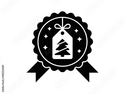 A festive holiday gift tag with a Christmas tree is displayed on a circular award badge.