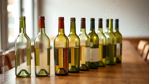tennessine. Still life of empty wine bottles casually arranged on a wooden table. bar promotions, beverage menus, designed for food & beverage menus and cafe branding, used by architects.