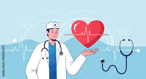 Doctor holding red heart with cardiogram and stethoscope, symbolizing cardiology and healthcare, with blue and medical icons