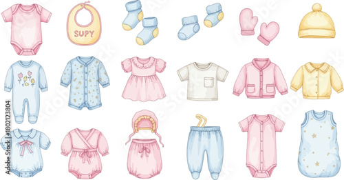 Collection of adorable watercolor illustrations of baby clothing and accessories in soft pastel colors for newborn girls and boys