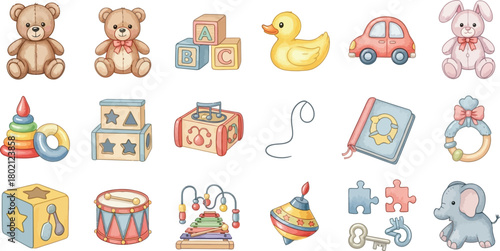 Collection of charming watercolor illustrations of classic children s toys including teddy bears building blocks and a rubber duck for playful design elements