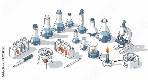 Collection laboratory glassware and equipment, including beakers, flasks, test tubes, microscope, burner, and petri dish, isolated on