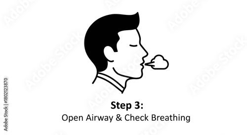 Icon representing step 3 first aid open airway and check breathing, showing persons profile exhaling cloud, isolated on