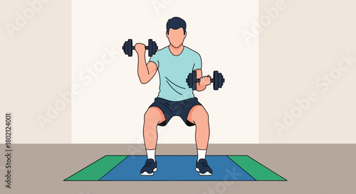 Man performing dumbbell squats on an exercise mat, demonstrating strength training exercise for fitness and bodybuilding
