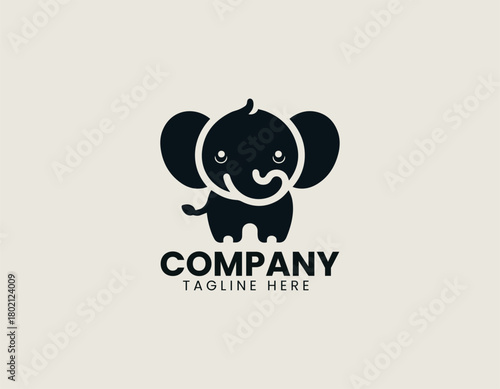 Cute elephant baby stands happily creating friendly black vector logo