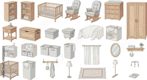 Collection of nursery and baby room furniture and accessories depicted in a neutral hand drawn illustration style