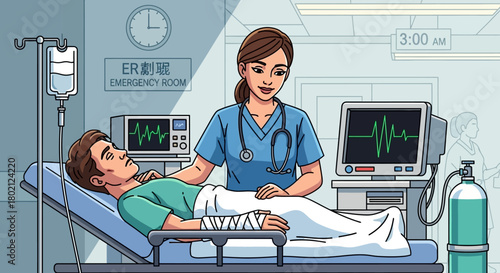 Nurse checks on male patient lying in hospital bed with an iv drip and monitors displaying vital signs, indicating care and medical attention in an emergency room setting