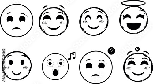 Collection of hand drawn doodle faces expressing various emotions like sadness happiness surprise and joy