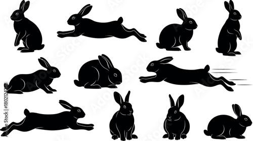 Collection of black silhouette illustrations of rabbits in various dynamic running and jumping poses on a white background