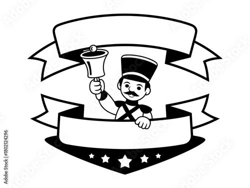 Cartoon bell ringer in uniform holding a bell in front of a banner with stars below.