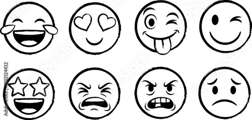 Collection of hand drawn outline emoji faces expressing various emotions and feelings