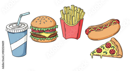 A collection of various fast food items, including a burger, fries, hotdog, pizza, and soda.