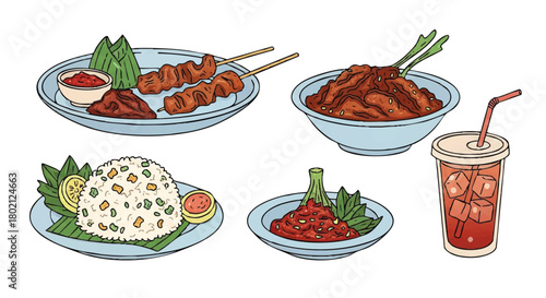 A colorful illustration showcasing various Indonesian dishes, including satay, rice, and sambal, alongside a refreshing drink.