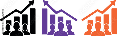 Business growth and success represented by upward trending bar graphs and silhouettes of people