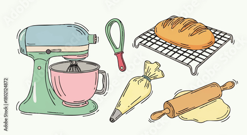 Illustration depicting various baking tools and freshly baked bread loaf, ready to use.