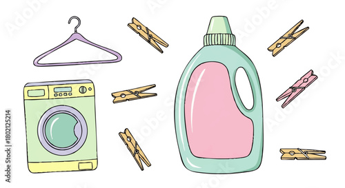 Illustration featuring a washing machine, laundry detergent bottle, clothes hanger, and wooden clothespins, all depicted in a simple, cartoon style.