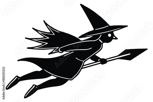 Winged witch soars on a spear instead of a broomstick in monochrome