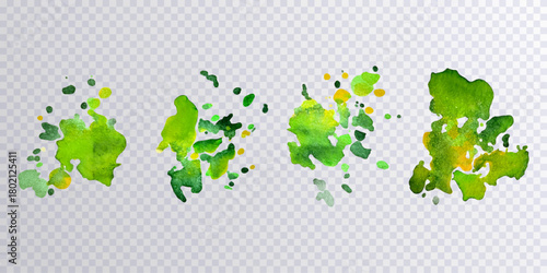 Collection of green  paint splats isolated on transparent background. Set of green decorative splashes. Art decorations. Paint spots. Watercolour splashes.Design elements. Vector illustration.