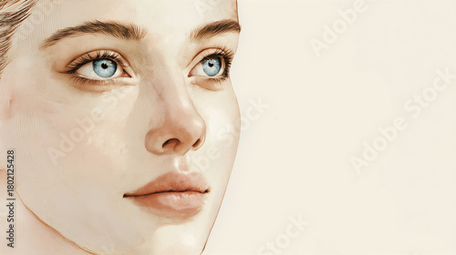 Portrait of a young woman with captivating eyes looking into the distance with a serene expression