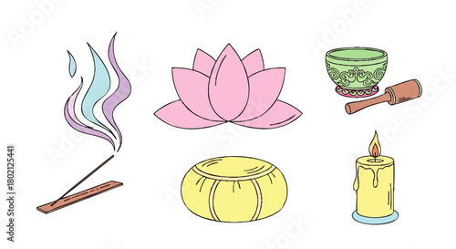 Illustration of incense stick burning with colorful smoke, a pink lotus flower, singing bowl, meditation cushion, and a lit candle.