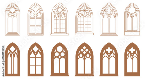 Gothic arch windows with decorative tracery and panes isolated on white background, perfect for architectural illustrations