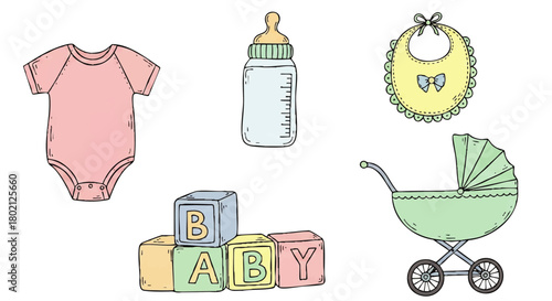 Hand-drawn illustration featuring baby items: a pink onesie, baby bottle, bib, blocks spelling "BABY", and a green baby carriage.