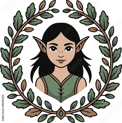 Cartoon Elf Female Character Portrait with Foliage Wreath Vector Illustration