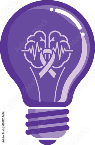 Purple light bulb with brain and ribbon, symbol for epilepsy awareness
