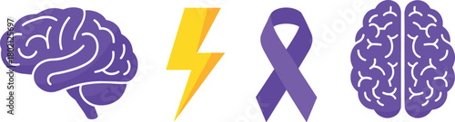 Purple ribbon and brain icons for awareness and medical themes