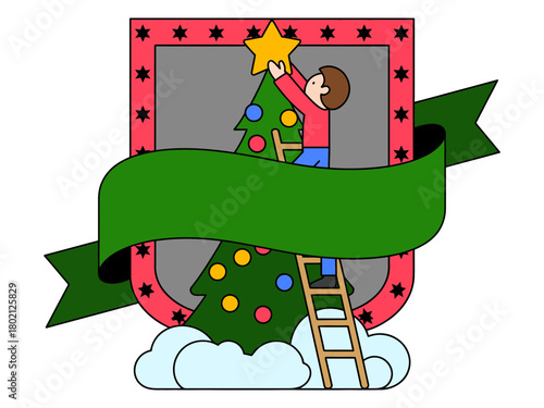 A person is decorating a Christmas tree with ornaments and a star on top while standing on a ladder.