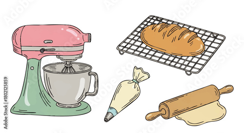 Illustration of baking equipment including a pink stand mixer, loaf of bread on a cooling rack, pastry bag, and rolling pin with dough.