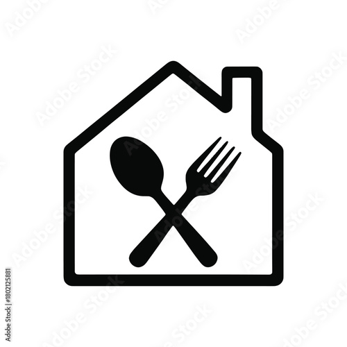 Black house outline with crossed spoon and fork inside home food