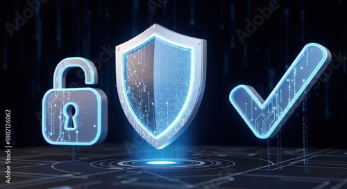 Security shield padlock and checkmark icons glow against a dark circuit board background representing digital security data protection and cybersecurity measures safeguarding online information and e
